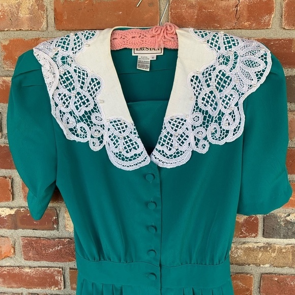 Vintage LG STAR Dress Green Peter Pan Lace Collar - Picture 2 of 8
